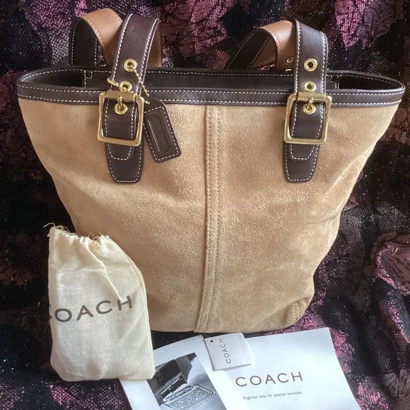 Vintage Coach Hampton Tan Suede Leather Handbag - Picture 1 of 11